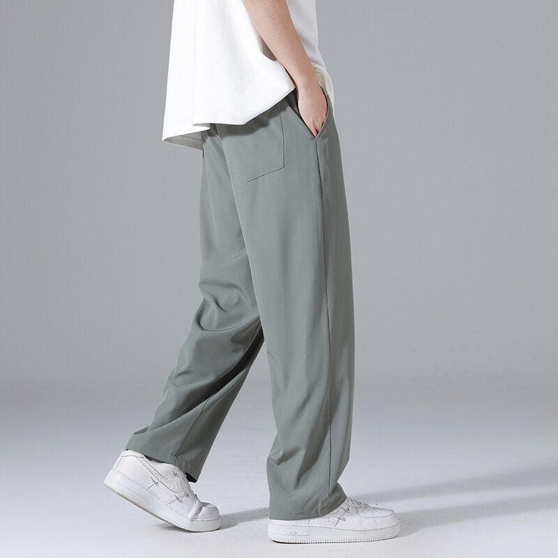 Summer Ultra-thin Men's Casual Pants Quick-drying Cool Baggy Straight Trousers Comfortable Elastic Waist Fashion Ice Silk Pants