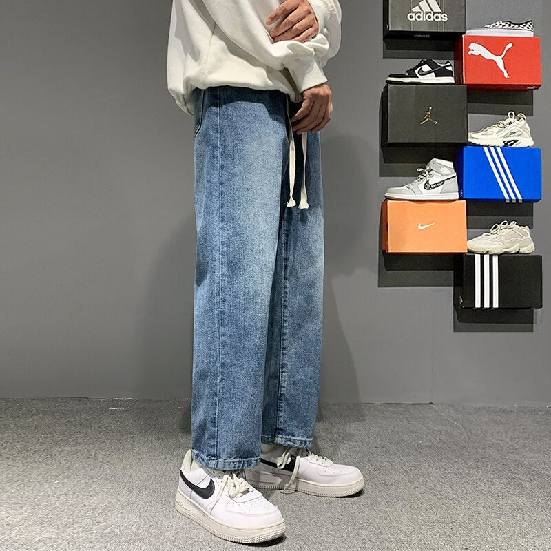 Autumn New Men's Baggy Grey Jeans Streetwear Loose Straight Elastic Waist Design Ankle-Length Pants Korean Skate Pants