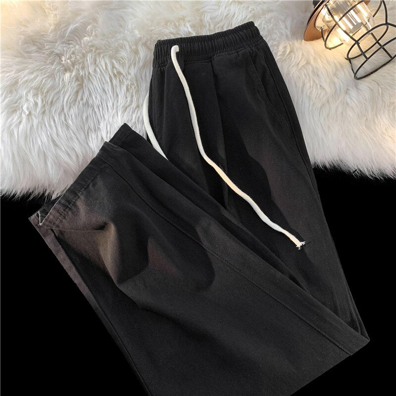 2023 Spring Summer New Men's Solid Color Straight Wide Leg Pants Korean Fashion Casual Elastic Waist Baggy Trousers Male Khaki