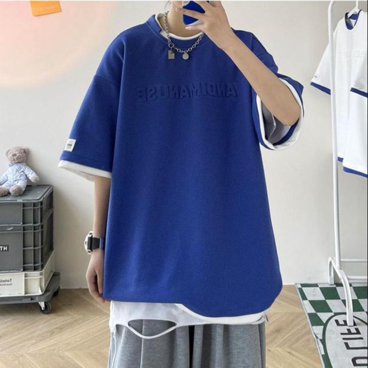 2023 Summer Solid Casual Loose Tess T-Shirts Men'S Top Simple Breathable Waffle Pullover Short Sleeve Sport Fake Tow Pieces