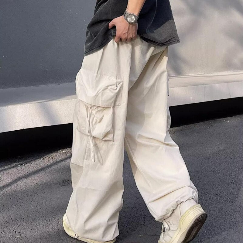 Blue Big Pocket New American Retro Straight Cargo Pants Men's Fashion Brand Summer Casual Loose Lovers Wide Leg Long Trousers