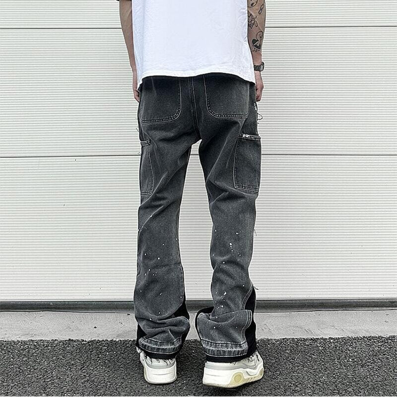 2023 Graffiti Black Flared Denim Pants with Patches Hip Hop Splashed Ink Wide Leg Jeans Trousers Slim Fit Washed Jeans for Men