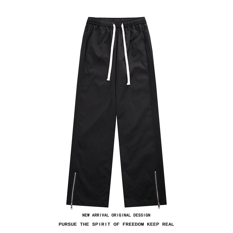 Fashion Side Zipper Casual Waterproof Pants Gray/Black Men Spring New Streetwear Loose Straight Pant Mens Elastic Waist Trousers