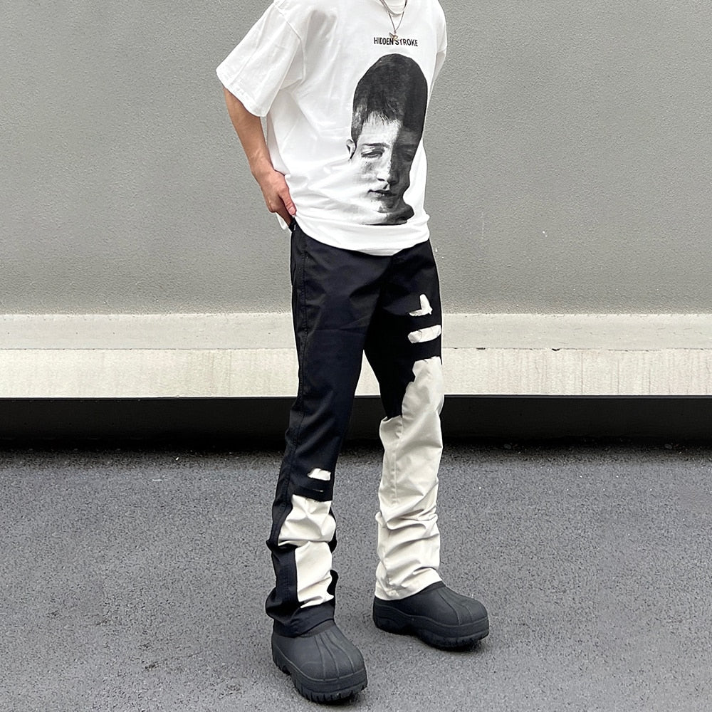 Patchwork Black and White Streetwear Casual Pants Men Cargo Pantalones Hombre Hip Hop High Street Fashion Fit Y2k Style Trousers