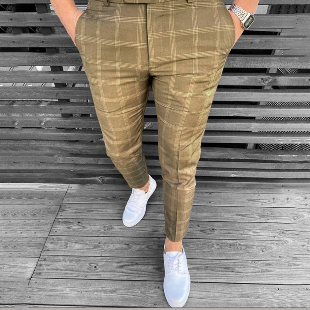 Men's Fashion Pencil Trousers Fashion Men Casual Business Slim Fit Plaid Print Zipper Long Pants Trousers Everyday Casual Pants