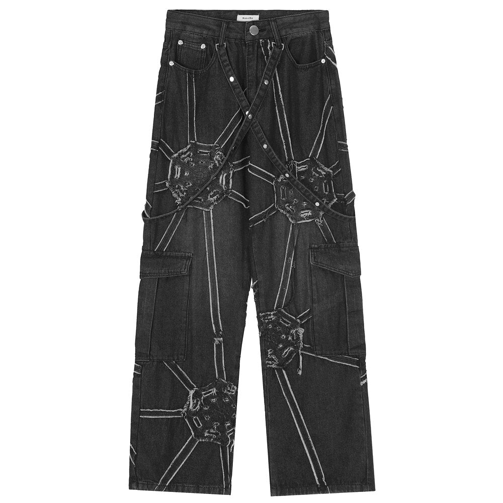 Oversized Hip Hop Wide Leg Jeans Men Y2k Punk Graphic Straight-leg Loose Trousers Black Cool Rap High Street Baggy Denim Pants