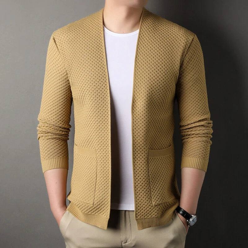 Classic Polo Pattern Cardigan for Men, No Zipper Shawl, Daily Work, Business Thin Coat, Texture Top