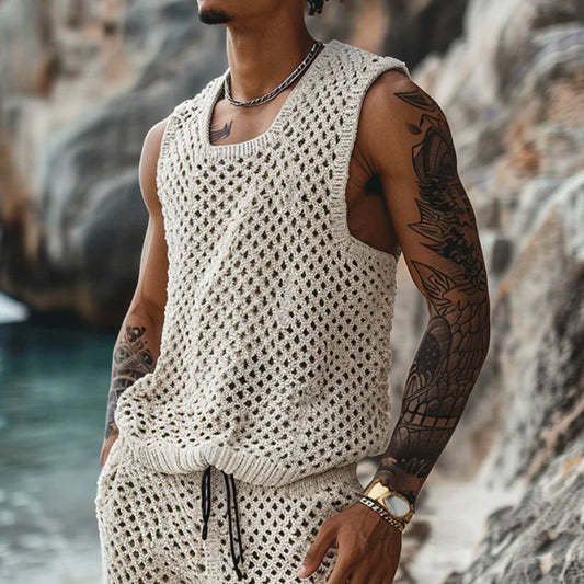 Summer Hollow Out Knitted Two Piece Sets Men Casual Solid Color Sleeveless Tank Tops And Shorts Suits Mens Vintage Knit Outfits