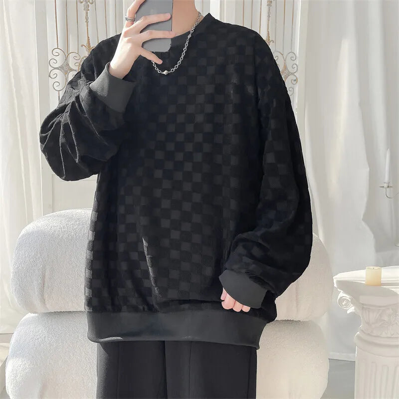 Spring Hoodie Men Fashion Round Neck Plaid Sweatshirt Men Oversized Streetwear Hip-hop Pullover Hoodie Mens Hoody M-3XL