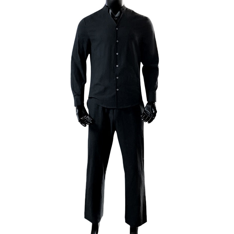 Cotton Linen Men's Sets Spring Summer Casual Long Sleeve Buttoned Stand Collar Shirt And Trousers Two Piece Suits Men Streetwear