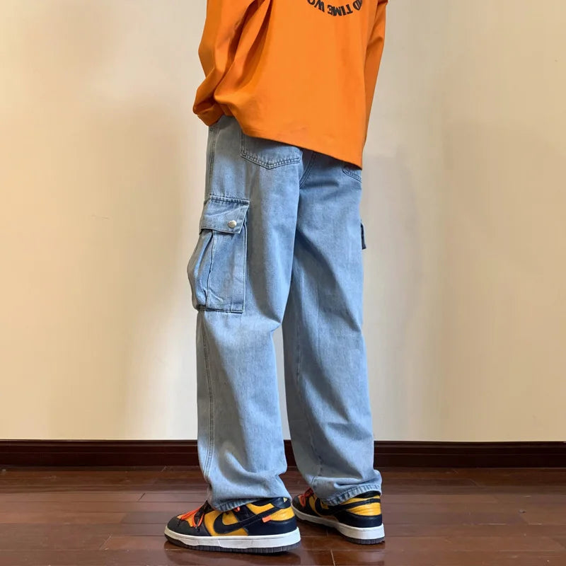 Wide Leg Cargo Pants Autumn New Streetwear Baggy Hip Hop Jeans Big Pockets Men Korean Fashion Loose Straight Male Clothing Blue