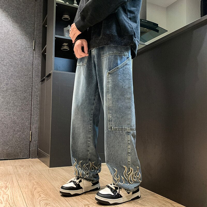 2023 Spring New Personality Embroidery Men's Baggy Jeans Streetwear Loose Straight Denim Trousers Male Brand Clothing