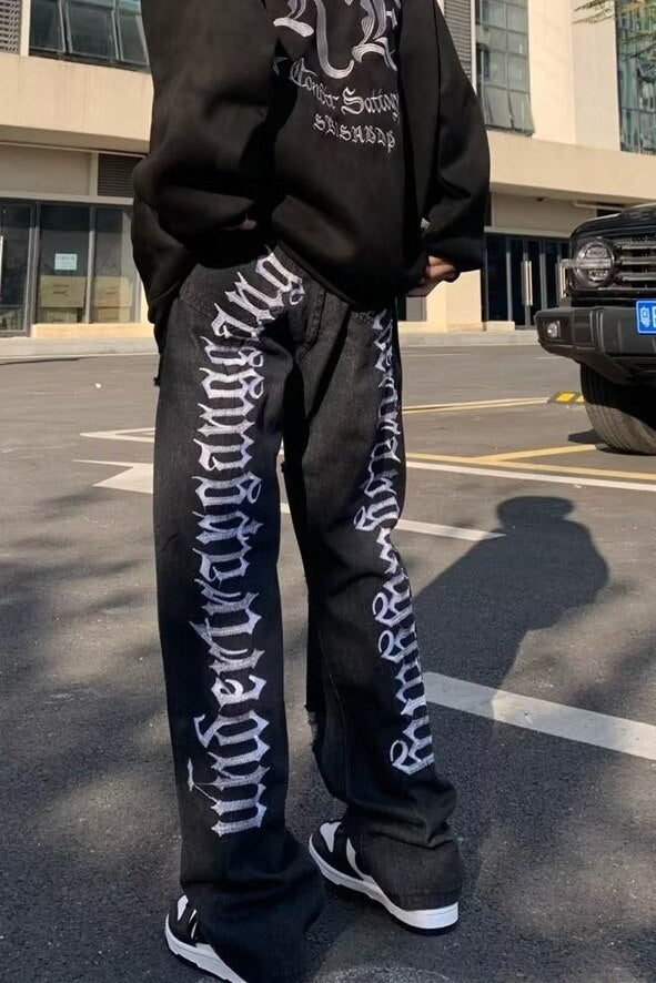 Vibe American Embroidery Letter Hiphop Broken Straight Leg Jeans Men's Fashion ins Loose Pants streetwear pantalon wear  2023