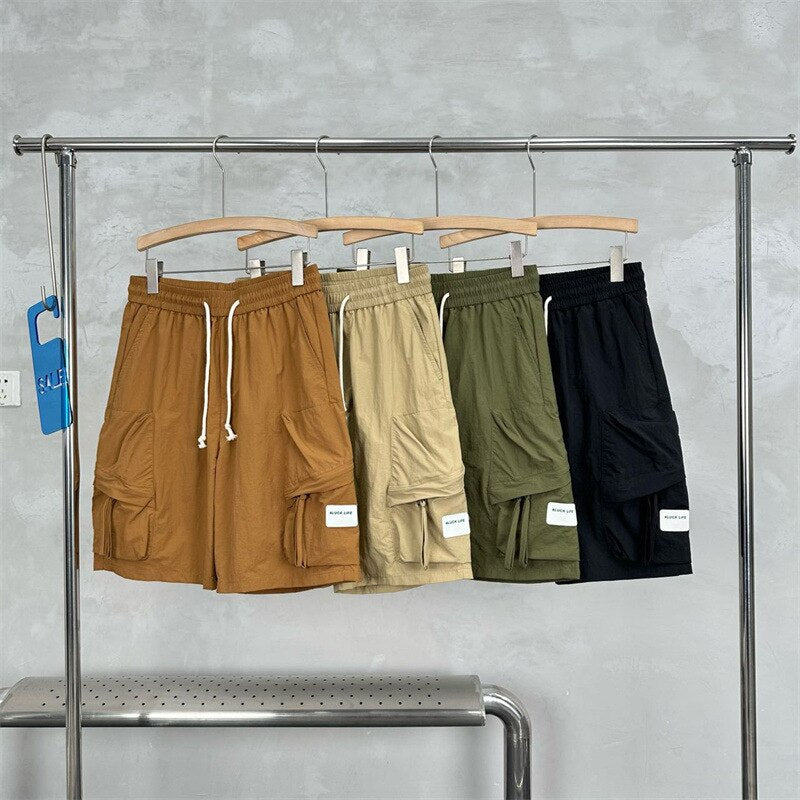 Tooling Shorts Men's Summer Loose Solid Color Five-point Beach Pants Trendy Ins Drawstring Multi-Pocket Short Pants Male