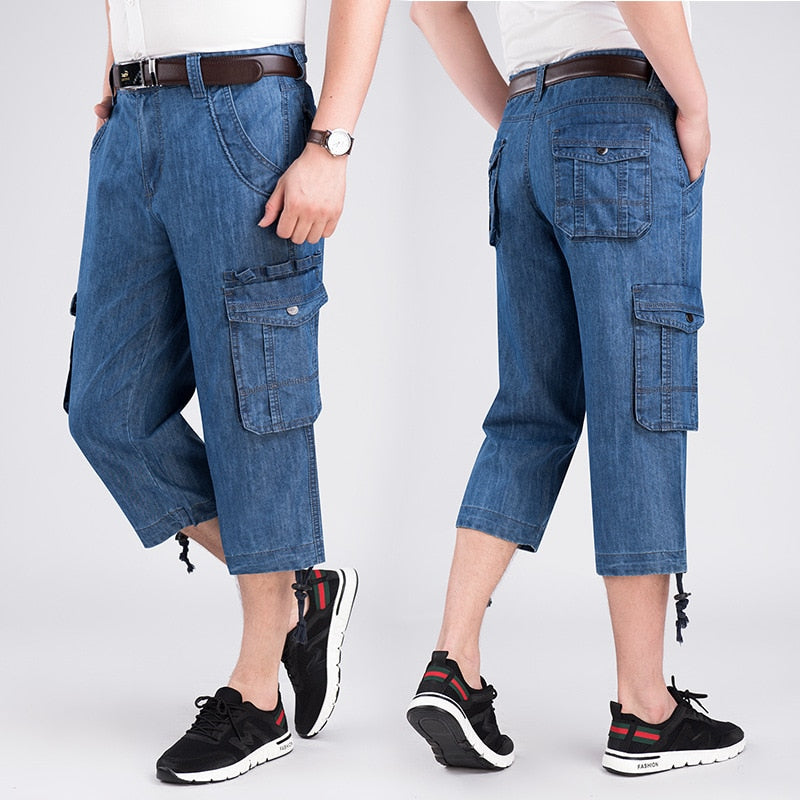 Jeans Shorts Men's Summer Breeches 2023 Multi Side Pocket Casual Bermuda Male Straight Long Blue Denim Loose Cargo Shorts Men