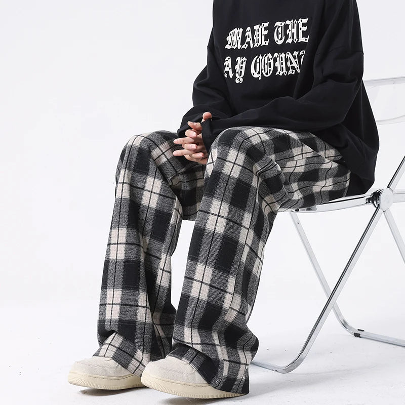 Plus Size Spring Casual Plaid Pants Men Wide Leg Couple Straight Pantalones Harajuku Mopping Oversize 8XL 7XL