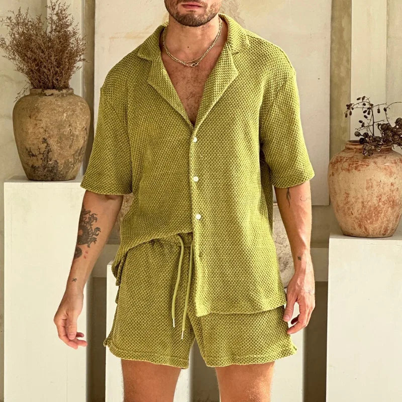 FORUWISH  - Summer Breathable Knitted Set Casual Button Lapel Shirt Top and Drawstring Shorts Suit Spring Loose Men's Home Outfits