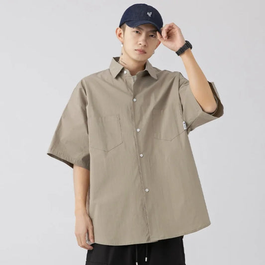 Korean Outdoor Double Pocket Design Short Sleeve Shirt Men Retro Loose Solid Color Simple Casual Tide Japanese Shirt