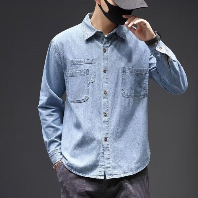 Spring Autumn Fashion Men's Solid Casual T-Shirt Loose Cool Boy Soft Versatile Tops Coat Pocket Denim Shirt Jacket Business