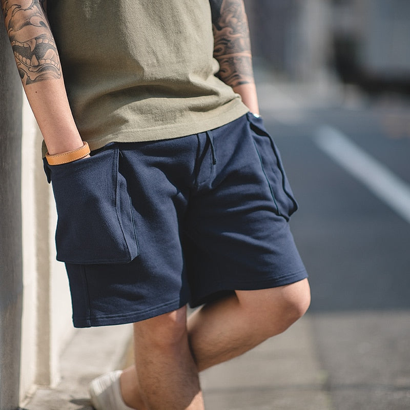 Maden Navy Blue P44 Cargo Joggers Shorts Men Loose Cotton Large Pocket Work Tactical Short Pants Amekaji Casual Knitted Shorts