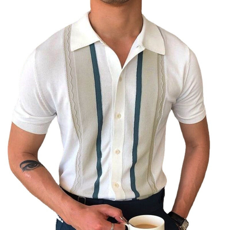 2023 Stripe Polo Men T-shirt Bussiness Collar Knit Cotton Short Sleeve Casual Daily Chic Luxury Slim Fit Fashion