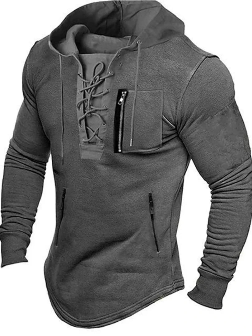 FORUWISH  -  2024 Men Autumn Spring Top Lace Up Drawstring Solid Color Long Sleeve Zipper Pockets Pullover Streetwear Men Mid Length Hoodie