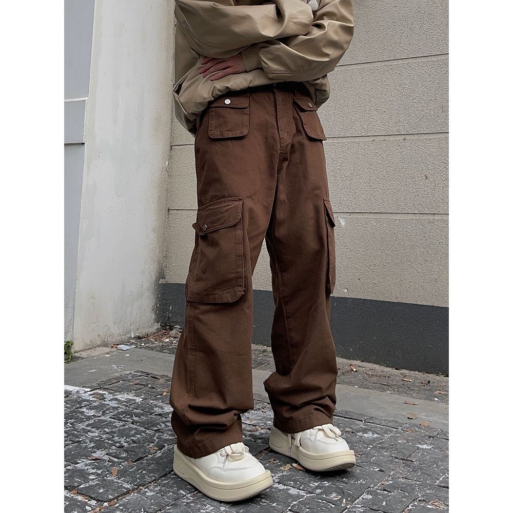 Vintage Brown Pocket Cargo Pants American High Street Loose Straight Leg Pants New Autumn Casual Hip Hop High Waist Trousers