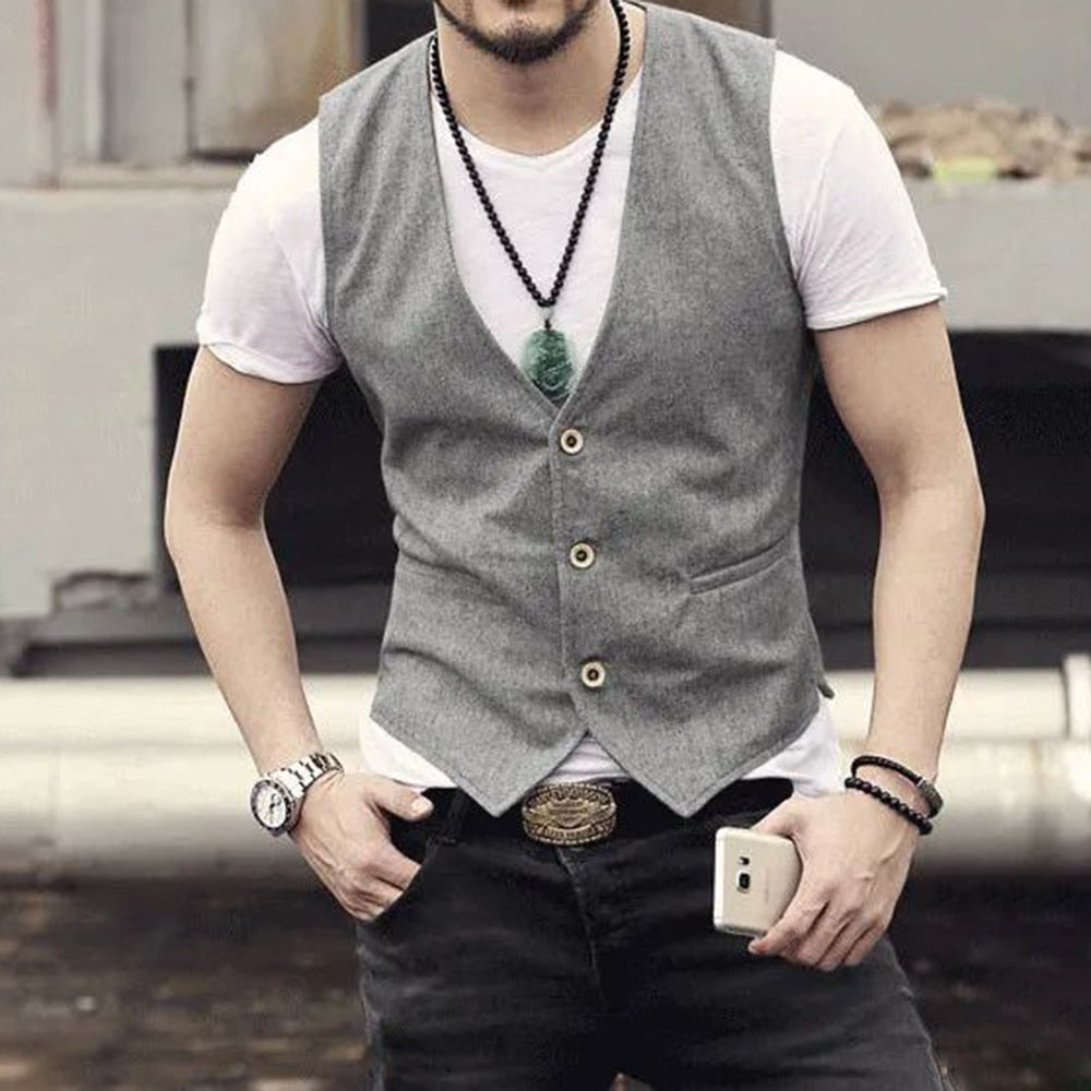 Men's Business British Style Retro Linen Vest Summer Thin Section Slim Three Button V-Neck Slim Gentleman Casual Formal Vest