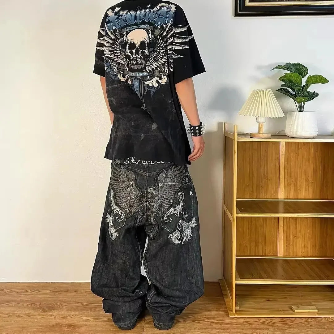 FORUWISH  -  Streetwear  Jeans Y2K mens Pants Harajuku Hip Hop Letter Embroidery Vintage Blue Baggy Jeans High Waist Wide Leg Trouser