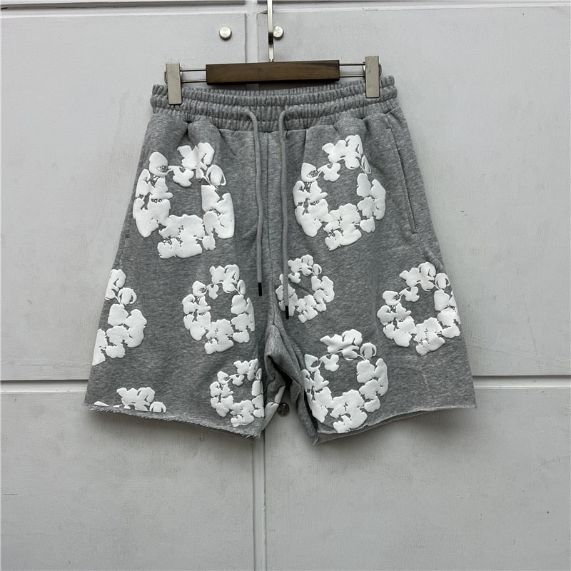 Black Gray Puff Print Shorts Men Women High-Quality Drawstring Shorts Breeches