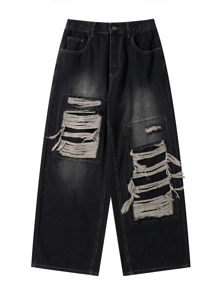 2023 American High end Perforated Denim Pants for Men's Design Sense Small and Loose Wide Leg Straight Leg Pants hiphop