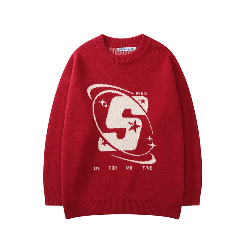 Capital Letter Print Solid Color Retro Men's and Women's Autumn Winter Sweaters Harajuku Crew Neck Oversized Baggy Knitted Top