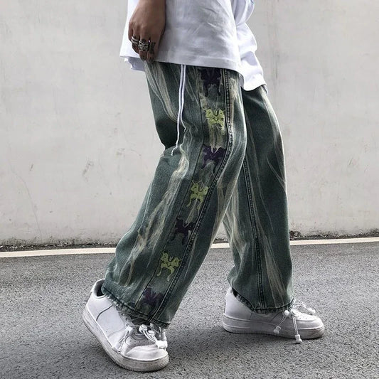 Trousers Hip Hop Straight Men's Jeans Tie Dye Graphic Man Cowboy Pants Y2k Streetwear Baggy 2024 Korean Autumn Harajuku Summer