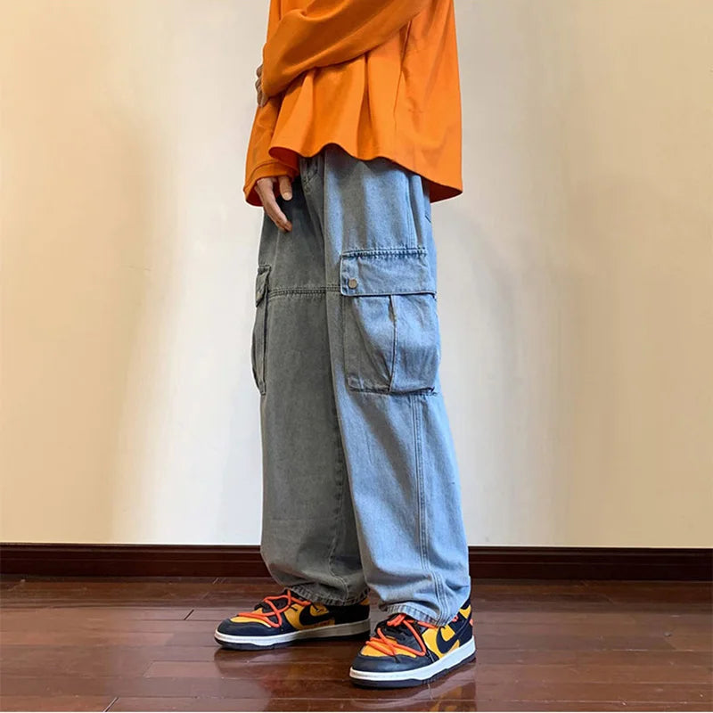 Wide Leg Cargo Pants Autumn New Streetwear Baggy Hip Hop Jeans Big Pockets Men Korean Fashion Loose Straight Male Clothing Blue