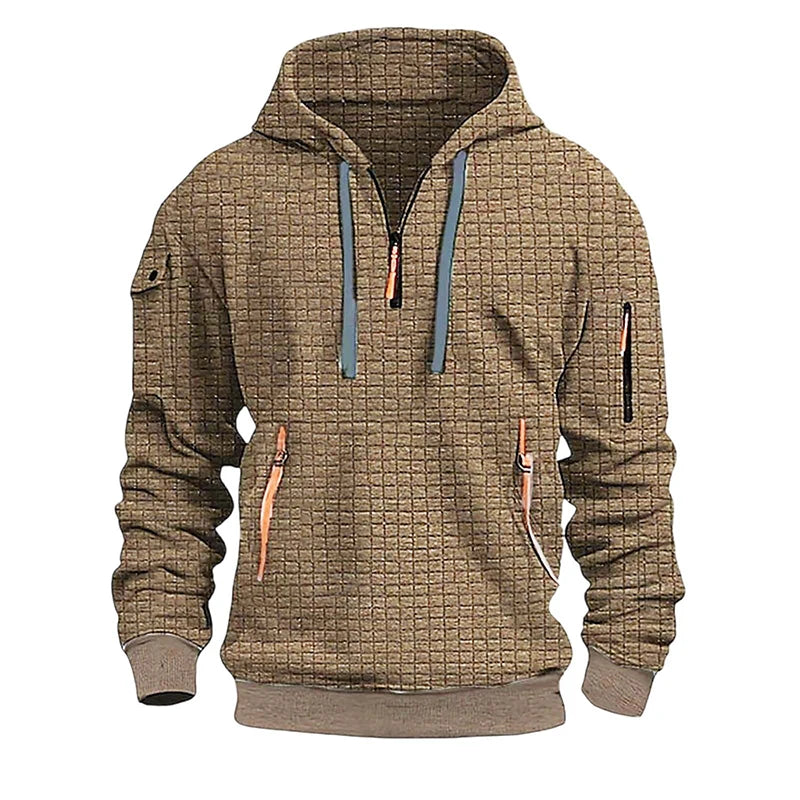 FORUWISH  -  Sports Fitness Mens Loose Hoodies Autumn Fashion Waffle Plaid Hooded Sweatshirts Men 2025 Spring Trendy Pockets Patchwork Hoodie