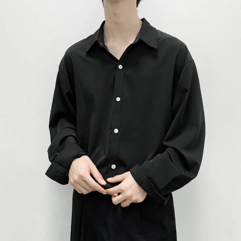 Men Black Solid Shirt Single Breasted Long Sleeved Shirts Korean Comfortable Blouses Men Casual Loose Daily Simple Shirt