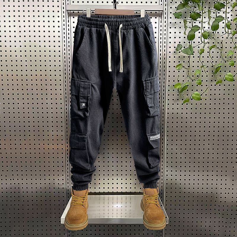 Men's Summer Trend Loose Vintage Solid Color Casual Fashion Sports Spliced Pocket Elastic Waist Drawstring Youth Cargo Trousers