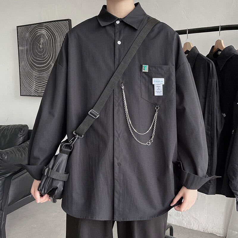 Oversized Shirt For Men Streetwear Long Sleeve Harajuku Chain Fashion Men's Shirts Korean Clothes Branded Men's Clothing