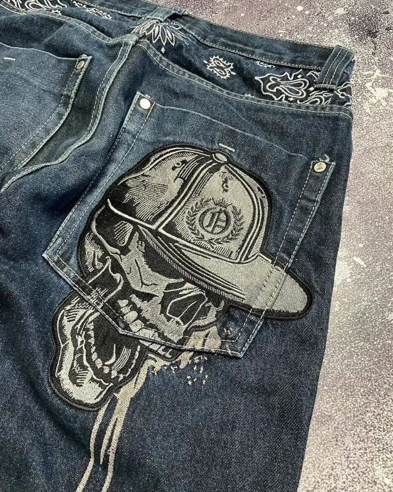 FOURWISH  -  American High Street Fashion Brand Retro Skull Killer Baggy Jeans Women's Y2K New Harajuku Hip-hop Punk Rock Gothic Wide Pants