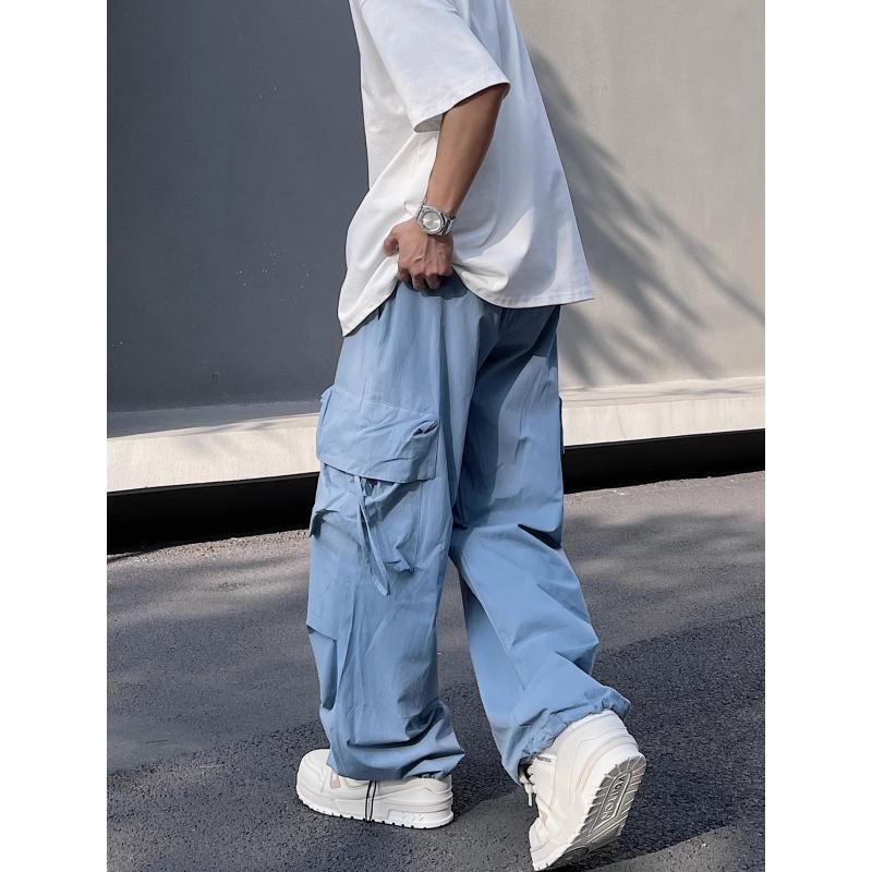 Blue Big Pocket New American Retro Straight Cargo Pants Men's Fashion Brand Summer Casual Loose Lovers Wide Leg Long Trousers