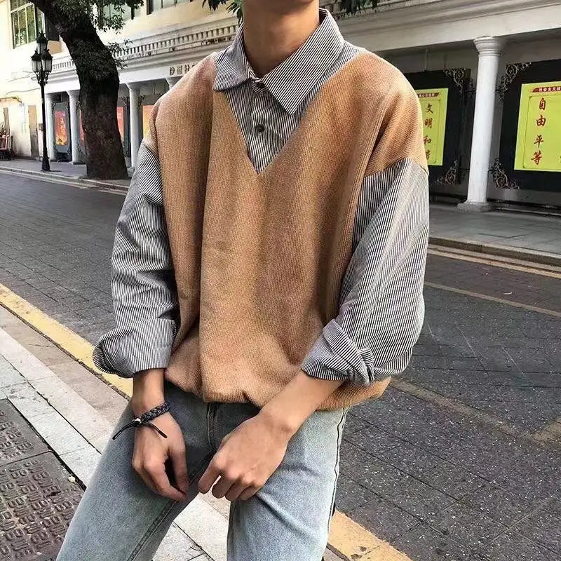 FORUWISH  -   Korean Fake Two Piece Sweater Men's 2024 Autumn New Spliced Square Collar Button Fashion Loose Casual Long Sleeve Knitted Top