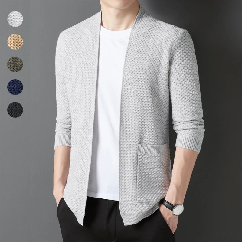 Classic Polo Pattern Cardigan for Men, No Zipper Shawl, Daily Work, Business Thin Coat, Texture Top