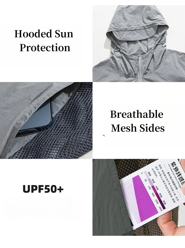 UPF50+ Sunscreen Clothing Thin Spring Summer New Breathable Mesh Design UV Hooded Sun Protective Clothing Jacket