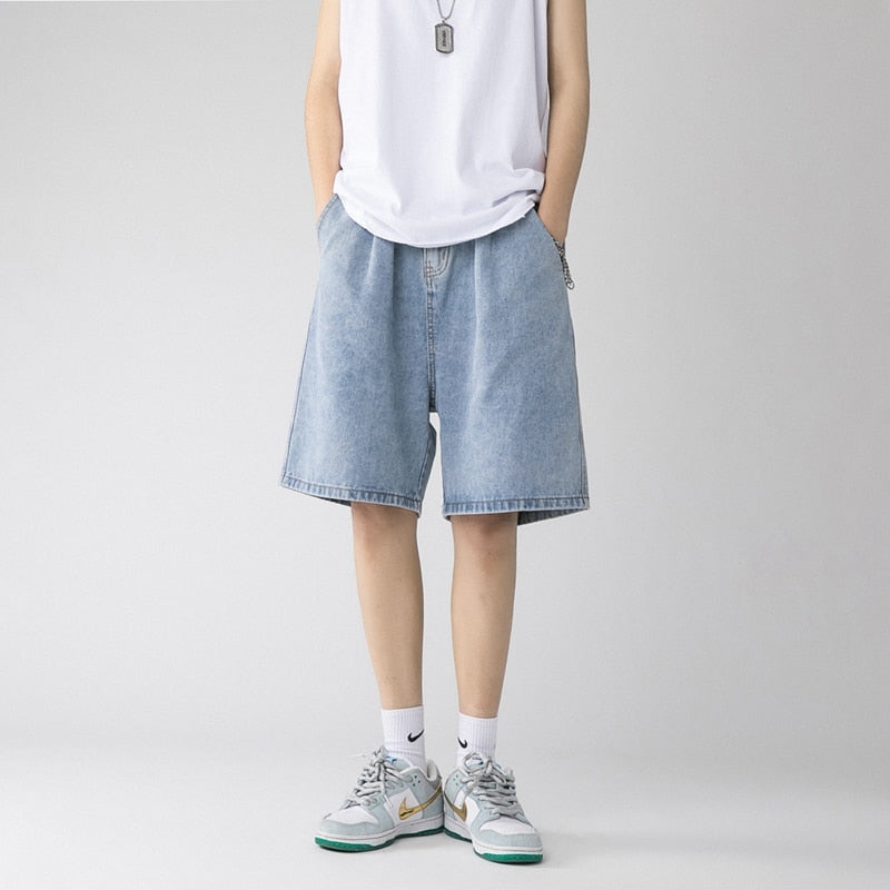 Summer New Men's Baggy Straight Denim Shorts Korean Style Fashion Casual Loose Short Jeans Male Light Blue Black