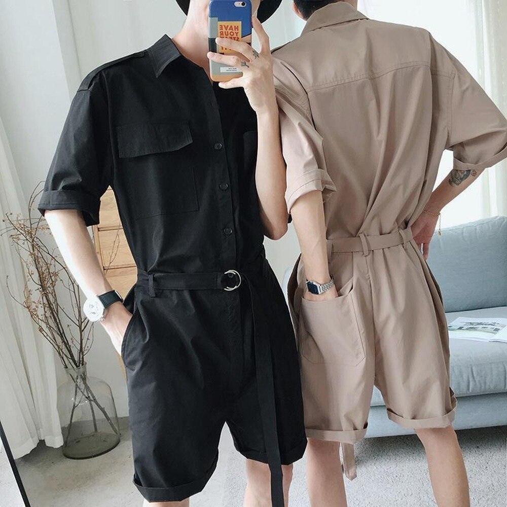 Summer Fashion Men Cargo Overalls Punk Style Pockets Pants Loose Solid Color Short Sleeve Rompers Men Jumpsuit Streetwear 2022