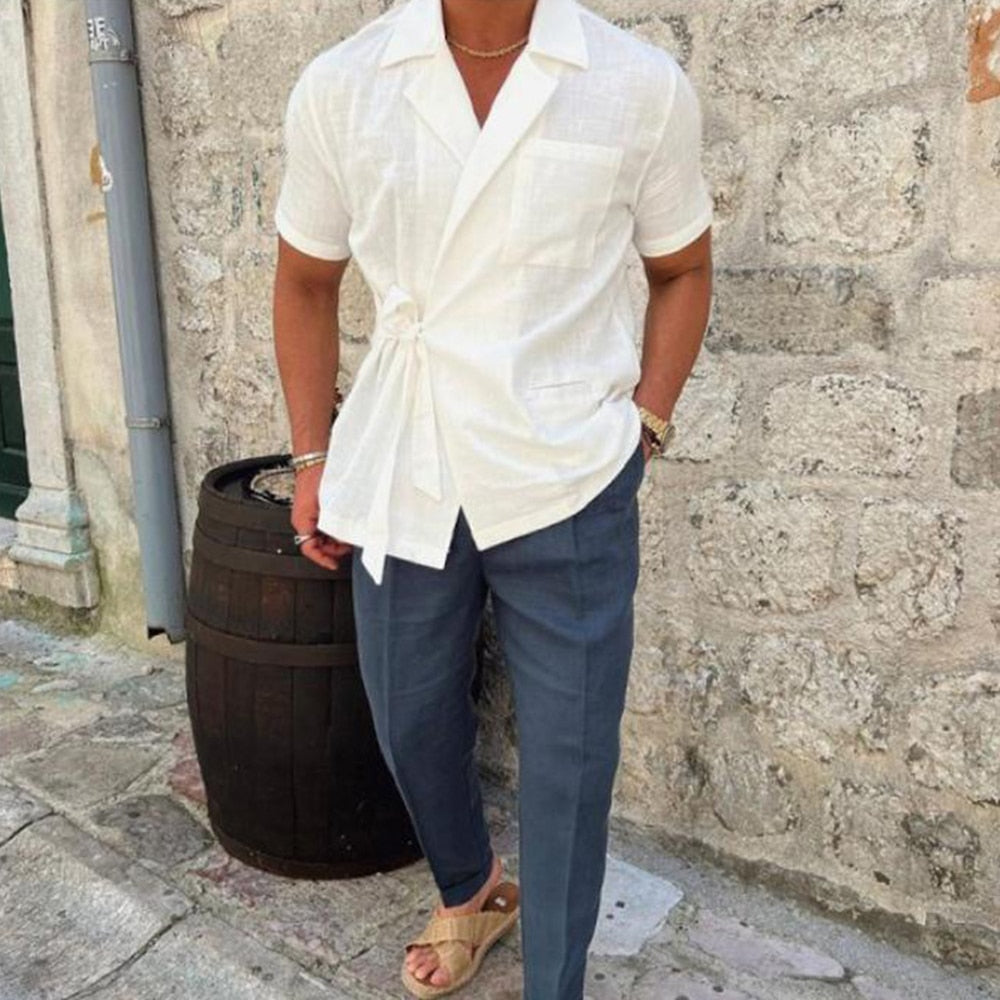 Summer Solid Color Linen Short-sleeved Shirt Suit Lapel Strap French Elegant Gentleman Loose Casual Simple Top Men's Clothing