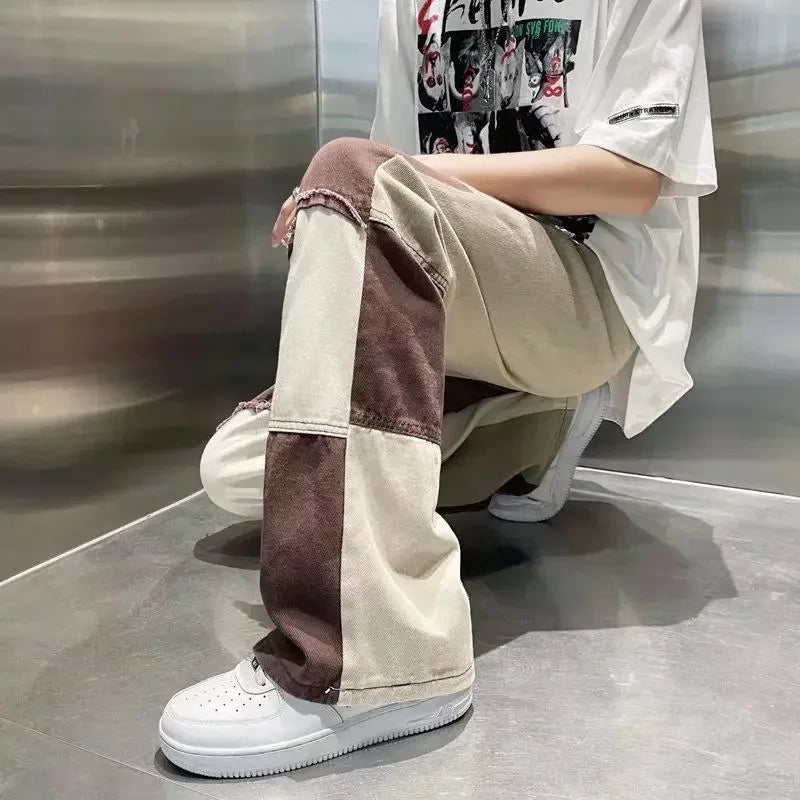 Male Cowboy Pants Trousers Aesthetic Jeans for Men Straight Spliced Hip Hop Y 2k Vintage Denim Stylish Washed Spring Autumn Kpop