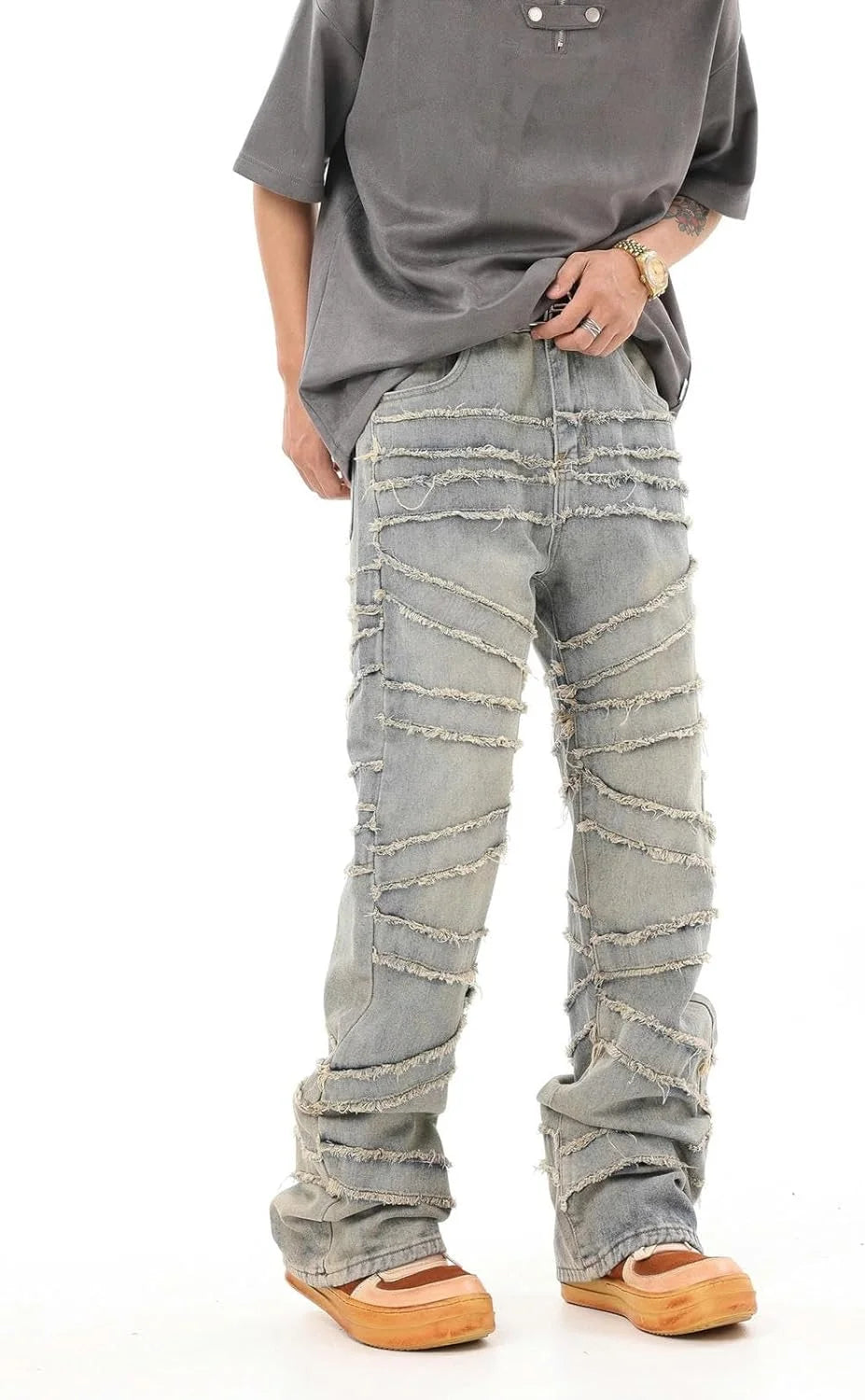 Retro Distressed Line Wool Jeans 2024 Summer New Men's and Women's Street Casual Wash Heavy Slim Y2k Bootcut Jeans Denim