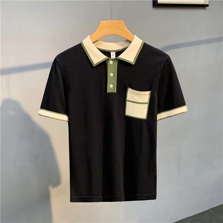 2023 Men's Summer Fashion Lapel Ice Silk Thin T-shirt Male Striped Knitted Polo Shirt Men Short Sleeve Casual Tee Tops D32