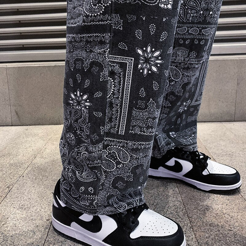 Spring New Men's Printed Black Baggy Jeans Korean Style  Denim Straight-leg Wide-leg Pants Male Trendy Brand Trousers